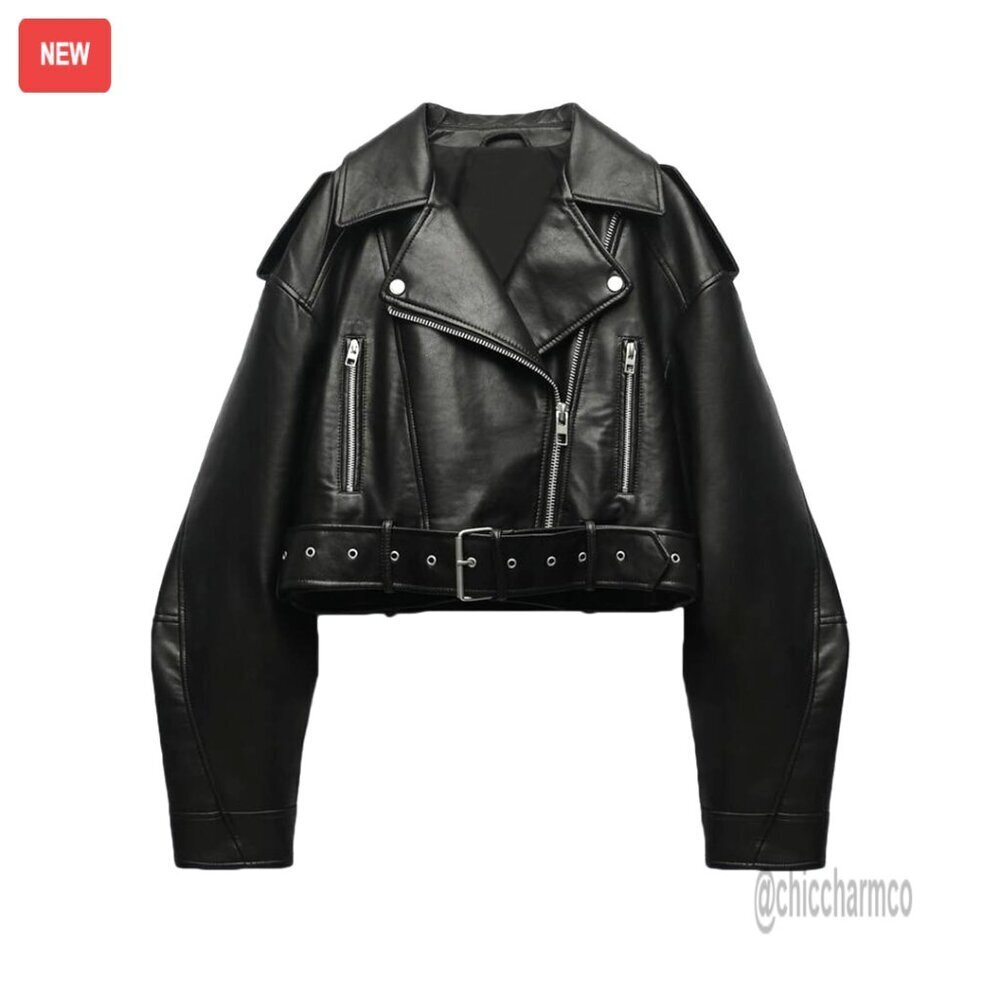 Faux Leather Cropped Biker Jacket with Belt, Zipper Pockets, Distressed